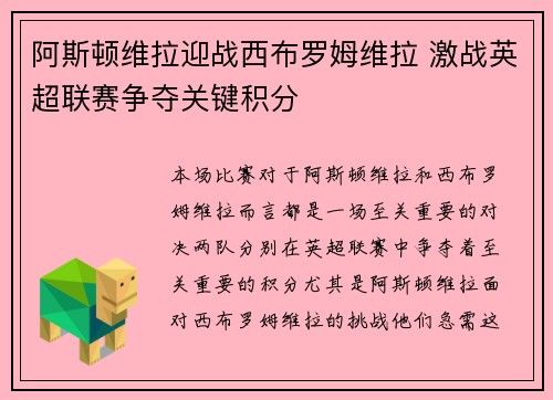 阿斯顿维拉迎战西布罗姆维拉 激战英超联赛争夺关键积分